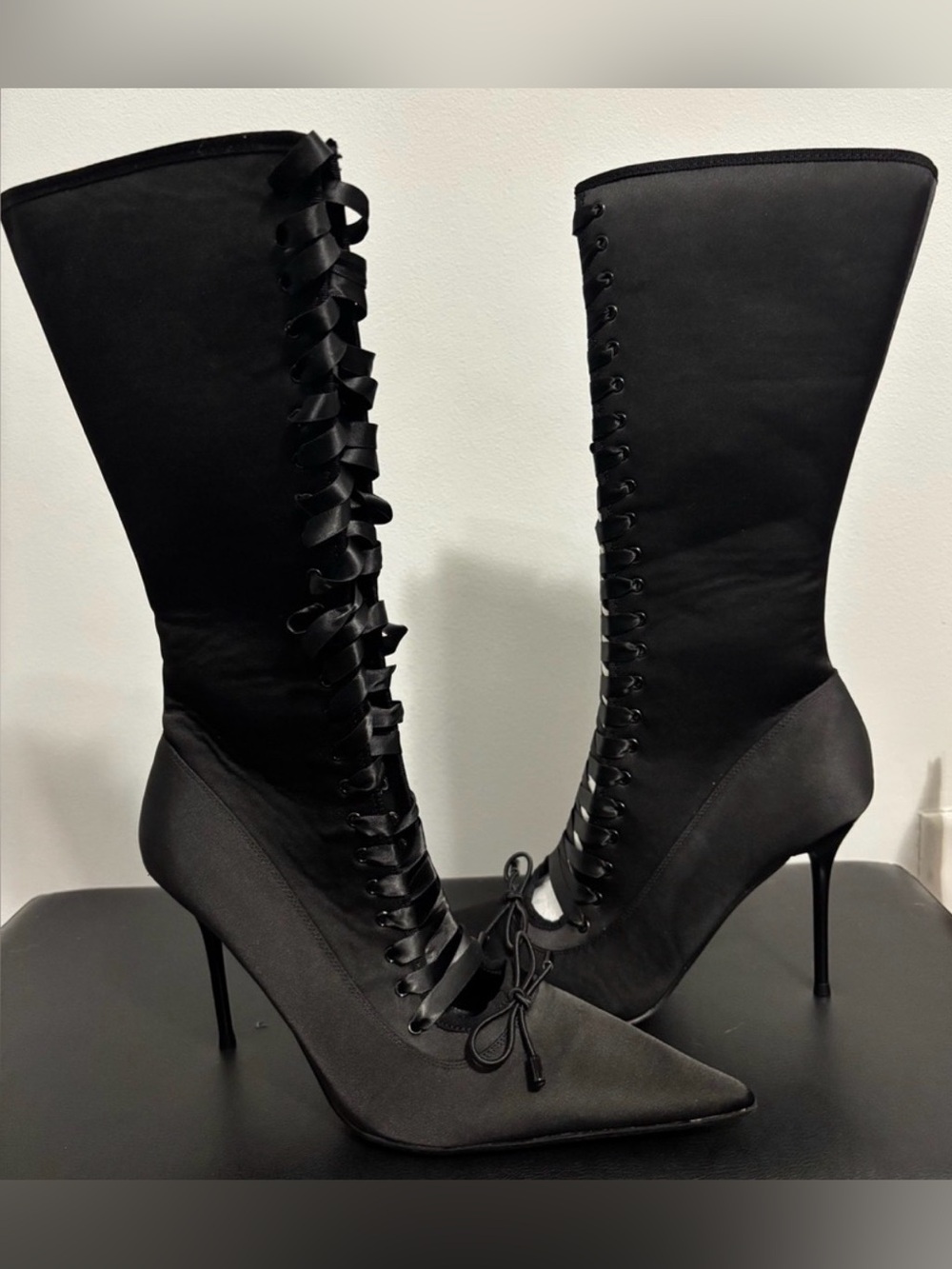 Widow Dolls Kill Black Satin ‘SCANDALOUS SEDUCTION’ Stiletto High Heel Boots 9